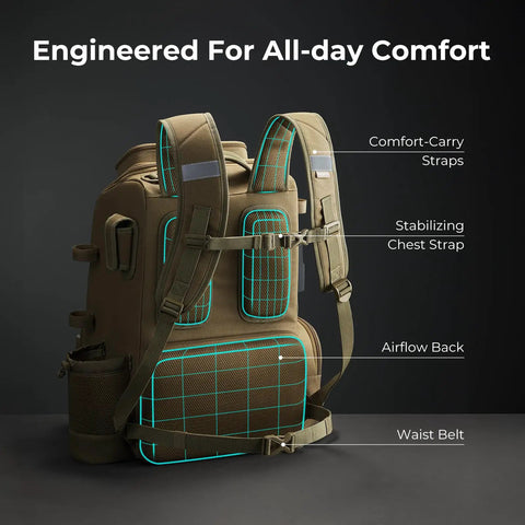 Back view of 52L Fishing Tackle Backpack With Rod Holders And Four Tackle Boxes showing padded airflow back, chest strap, and waist belt.