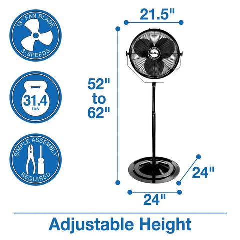 18 Inch Industrial Pedestal Fan With Powder Coated Steel Frame Delivers Beastly Airflow For Workshops And Garages Featuring A One Sixth Horsepower Enclosed Motor And A Ten Foot SJT Cord Plus A One Year Limited Warranty with measurements 21.5 x 24 inches