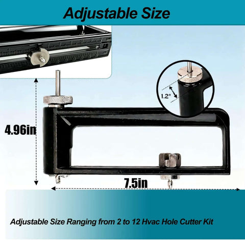 Metal adjustable component for 2 to 12 Inch Hole Cutter Tool for sheet metal and ductwork, showing scale and adjustment feature.
