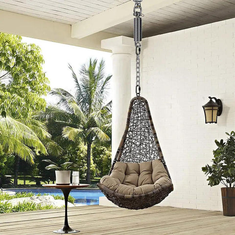 Beefed Up Hammock Chair Hanging Kit With Stainless Steel 304 Swing Hanger and chain mounted outdoors with woven seat.