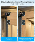 Heavy Duty Shipping Container Brackets With Laser Precision Alignment Keeps 2x4 And 2x6 Lumber straight for easy interior framing.