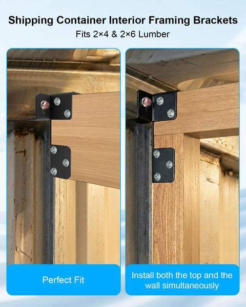 Heavy Duty Shipping Container Brackets With Laser Precision Alignment Keeps 2x4 And 2x6 Lumber straight for easy interior framing.
