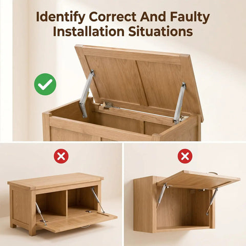 Heavy Duty Soft Close Lid Support Hinges Two Pack 200N Gas Struts for correct and faulty installation examples.