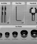 Components of 8 Piece Hole Saw Kit With Case 1 To Two And One Eighth Inches Includes Five Saw Blades Mandrel Two Drill Bits And Hex Key