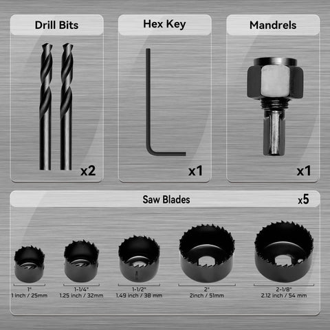 Components of 8 Piece Hole Saw Kit With Case 1 To Two And One Eighth Inches Includes Five Saw Blades Mandrel Two Drill Bits And Hex Key