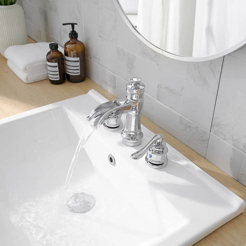8 Inch Widespread Bathroom Faucet With 3 Hole Mount Two Handle Brass Waterfall Sink Faucet Polished Chrome With Pop Up Drain