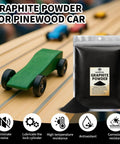 Ultra Fine Graphite Powder Lubricant For Pinewood Derby Axles And Wheels, 2 Oz package beside green derby car on track.