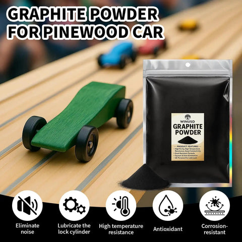 Ultra Fine Graphite Powder Lubricant For Pinewood Derby Axles And Wheels, 2 Oz package beside green derby car on track.