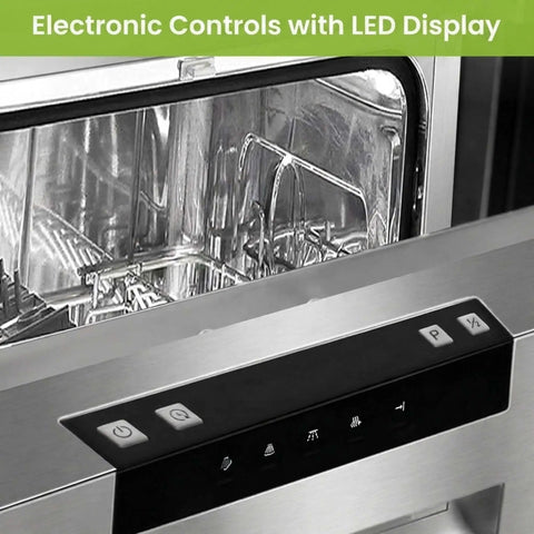 No Sweat Portable Dishwasher In Brushed Platinum Steel Compact Countertop Appliance featuring electronic controls and LED display.