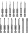 15 Piece Slotted Phillips Triangle Screwdriver Bit Set With One Quarter Inch Hex Shank, S2 Steel Magnetic High Precision Bits