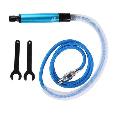 Rugged Shop Grade 35000 RPM Pneumatic Grinding Pen and Heavy Air Die Grinder parts, including blue hose and wrenches for metal resin finishing.