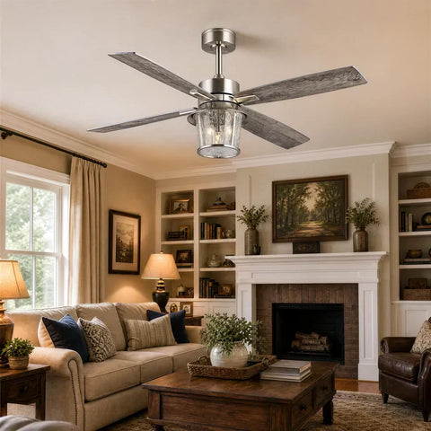 TALOYA 52" Farmhouse Ceiling Fan with Light and Remote, Rustic Style in a cozy living room with textured glass shade.