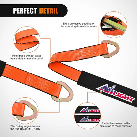 Beefy 4 Pack Axle Tie Down Straps 2 Inch by 38 Inch With Protective Sleeve and D Ring, Road Ready Heavy Duty Kit For Trailers, Trucks, UTVs, And Car Hoists, 11127 Lbs Break Strength, 3709 Lbs Working Load. orange strap with D-ring and sleeve detail
