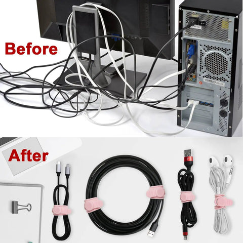 Before and after using 16 Pack Silicone Cable Ties For Bundling Earphones Chargers And Computer Cords Reusable Wire Organizer