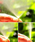 Hands holding 360° atomizing copper nozzle of Drip Irrigation Kit With Timer And Quick Connect, Automatic Garden Watering System.