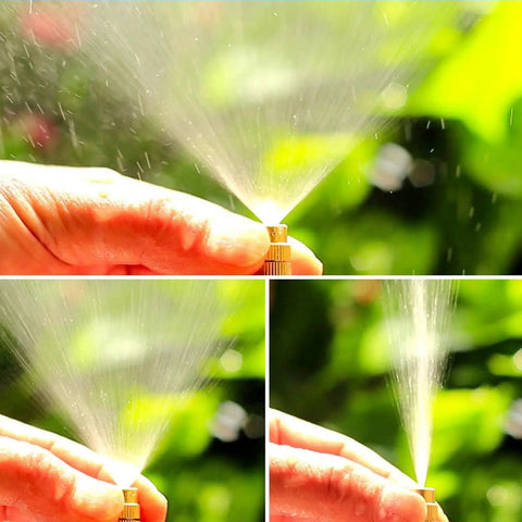 Hands holding 360° atomizing copper nozzle of Drip Irrigation Kit With Timer And Quick Connect, Automatic Garden Watering System.