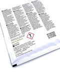 Back of Restore Espresso Machine Descaler Organic Cleaning Powder packet showing instructions and safety warnings.