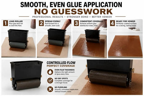 Step-by-step guide on applying Kickass Heavy Duty Urea Resin Wood Glue Five Pound Tub for precise veneer bonding.