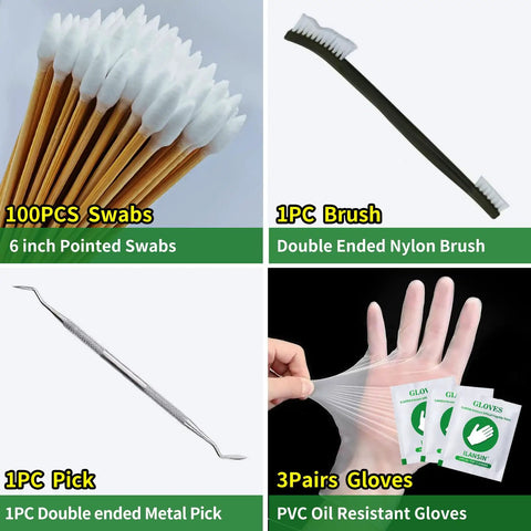 9mm Bore Cleaner And Pro Grade 5 Oz CLP Oil Gun Cleaning Kit tools: swabs, double-ended brush, metal pick, and gloves