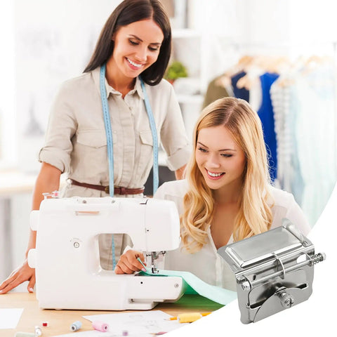 Two women sewing with a machine using Adjustable Seam Guide For Serger And Overlock Machines Multi Position Edge Guide For Zippers
