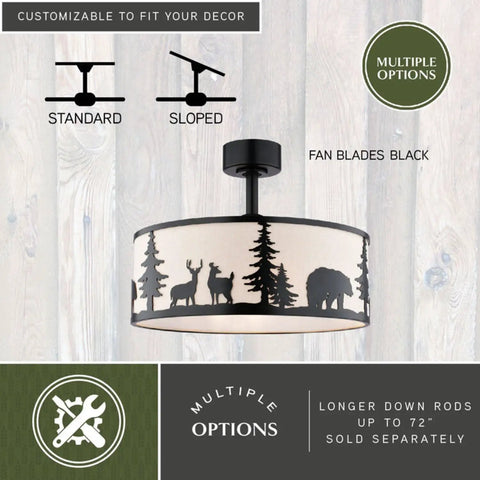 HomeStock Acadia 20-inch Indoor Ceiling Fan with Dimmable Light Kit and Remote Control showing black fan blades and decorative wildlife design.