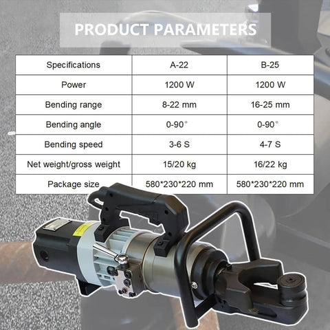 Heavy Duty Portable Electric Rebar Bending Machine And Steel Rod Cutter With 1200w Pure Copper Motor, specifications chart and bending tool detail.
