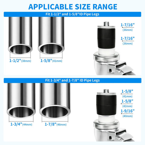 Applicable size range for Top Notch Heavy Duty 4 Inch Swivel Caster Wheels With Side Brake Locks for pipe legs.