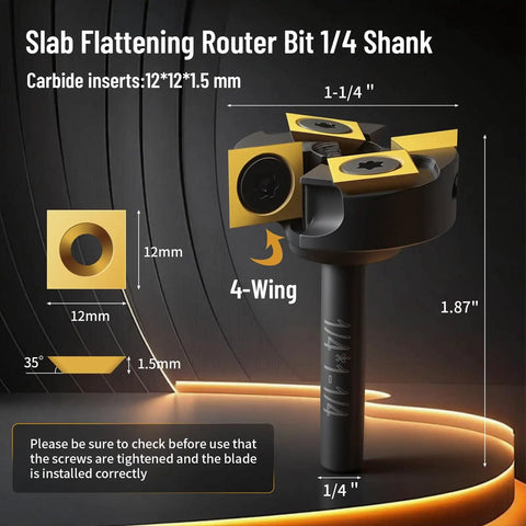 Heavy Duty Slab Flattening Router Bit With One Quarter Inch Shank One And One Quarter Inch Cutting Diameter Two Plus Two Pro Grade Titanium Coated Flutes Carbide Inserts For CNC Spoilboard Surfacing MDF Planing Slab Leveling And Rabbeting