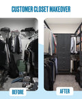 Before and after closet makeover featuring Straight Up Game Changing Modular Closet Organizer With Two Drawers And Extra Shelf For Hanging Short Garments And Folded Fits In Heavy Duty Grey Frame That Slays Small Living Spaces.