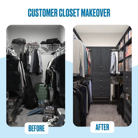 Before and after closet makeover featuring Straight Up Game Changing Modular Closet Organizer With Two Drawers And Extra Shelf For Hanging Short Garments And Folded Fits In Heavy Duty Grey Frame That Slays Small Living Spaces.