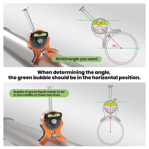 Nuvium pipe center finder installed on pipe with orange Y-shaped base, embedded magnets, dial protractor.