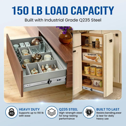 Heavy Duty Soft Close Drawer Slides Full Extension Side Mount Runners With Drop Dead Quiet Damping For Wood Cabinetry shows a drawer filled with kitchenware.