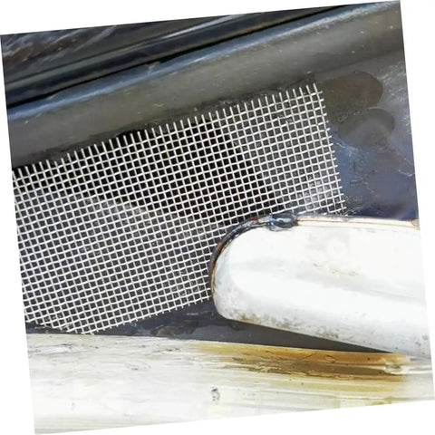 10 Piece Bumper Repair Mesh Kit With Tungsten Wire Screen For Plastic Welding shown in use on a damaged bumper section