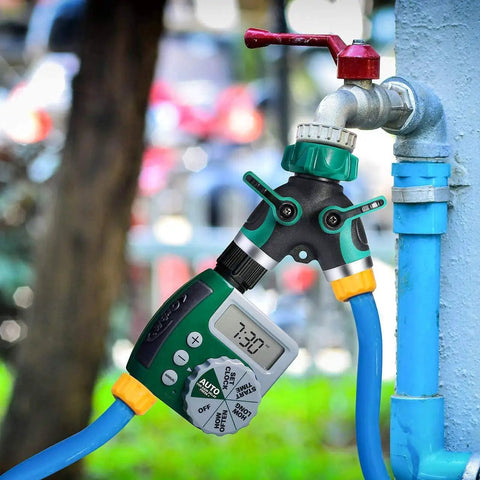 Two Way No Fuss Heavy Duty Garden Hose Splitter Y Valve With High Flow For Consistent Water Pressure And Ergonomic Rubber Handles For Easy On Off Control In Lawn And Garden Outdoor Watering, attached to faucet
