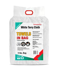 Rock Solid Recycled White Terry Cloth Rags 5 Lb Bag Ultra Absorbent Shop Towels package with label visible.