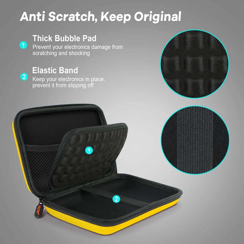 Beefy Bright Yellow Hard Shell Electronics Organizer Case With Carabiner Strap Go Anywhere No Fuss Storage Bag interior with thick bubble pad and elastic band.