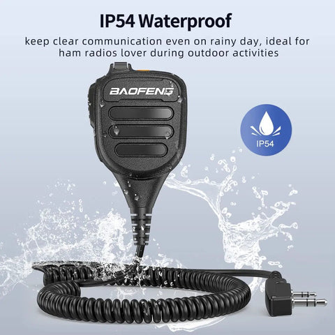 Beefy Handheld Ham Radio Microphone With IP54 Waterproof Rugged Speaker Mic, coiled cord and plug visible, for UV-5R Kenwood Retevis.