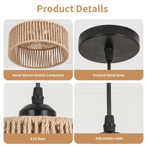 Totally Vibe Ready 2 Pack Rattan Pendant Lights, Handwoven Wicker Hanging Lamps, hand-woven shade, frosted metal base, adjustable cable.