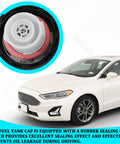 Gas Cap Replacement OEM 95995094 Fits Chevy Malibu Impala close-up with car background, showing sealing ring