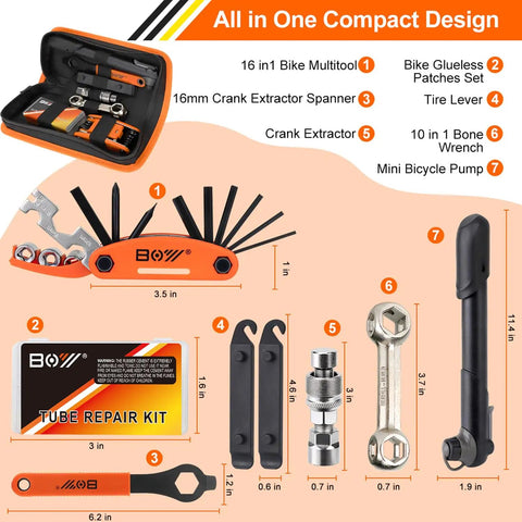 On The Go Bike Repair Kit With Mini Pump And Glueless Patches For Road Mountain And Travel 16 In 1 Multitool Portable Set diagram