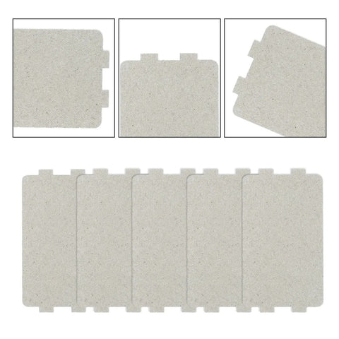 Microwave Waveguide Mica Sheets Set, Universal Heat Resistant Cover Plates For Microwave, Toaster, And Hair Dryer, Pre Cut Durable Insulation Layer That Prevents Arcing And Sparks, Easy Install For Quick Safety Upgrade, shown in a 5-pack with close-up details.