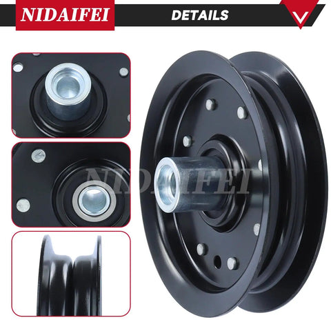 605512 Idler Pulley and 604219 Pulley Kit showing detailed close-up views and side profile for Hustler 52 and 42 inch mowers