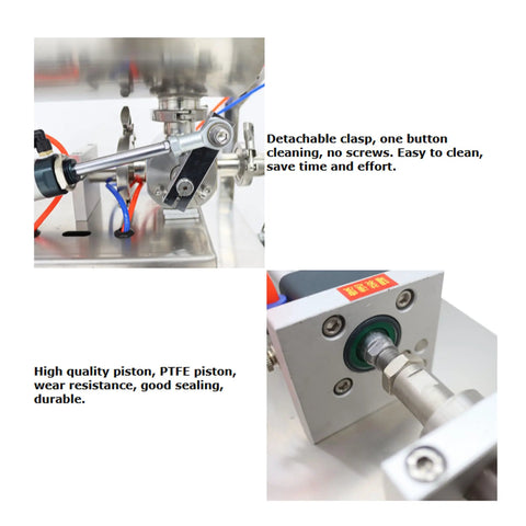 Close-up of Heavy Duty Automatic Quantitative Filling And Sealing Machine with Horizontal Mixing Hopper stainless steel components and PTFE piston.