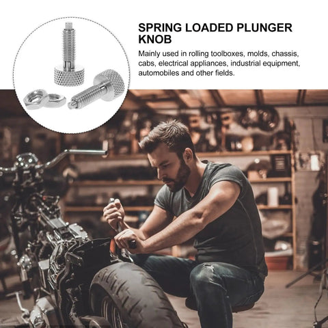 Premium Quality Two Piece Stainless Steel Indexing Plungers With Knurled Grip Handles being used in a workshop on a motorcycle.