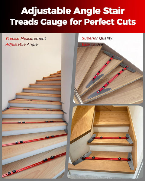 Adjustable Stair Tread Template Tool Featuring Interchangeable Aluminum Slider Bars For Dead On Layouts And Hassle Free DIY Measurements That Nail The Fit Every Single Time on wooden stairs