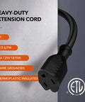 Image of 6-Foot Outdoor Extension Cord Tough-As-Nails 12/3 SJTW Heavy Duty Power Cable With 3-Prong Grounded Plug Weather Resistant 15A 1875W Black