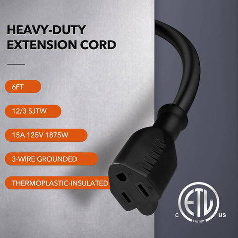 Image of 6-Foot Outdoor Extension Cord Tough-As-Nails 12/3 SJTW Heavy Duty Power Cable With 3-Prong Grounded Plug Weather Resistant 15A 1875W Black