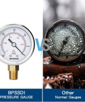 BPSSDI vacuum pressure gauge with 2.5-inch dial, stainless steel case, 1/4 in NPT lower mount; shown next to a rusted gauge.