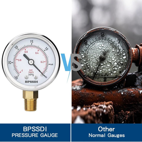 BPSSDI vacuum pressure gauge with 2.5-inch dial, stainless steel case, 1/4 in NPT lower mount; shown next to a rusted gauge.