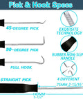 Front view of a four-piece pick and hook tool set with black rubber handles and 45-degree, 90-degree, straight, full-hook tips.